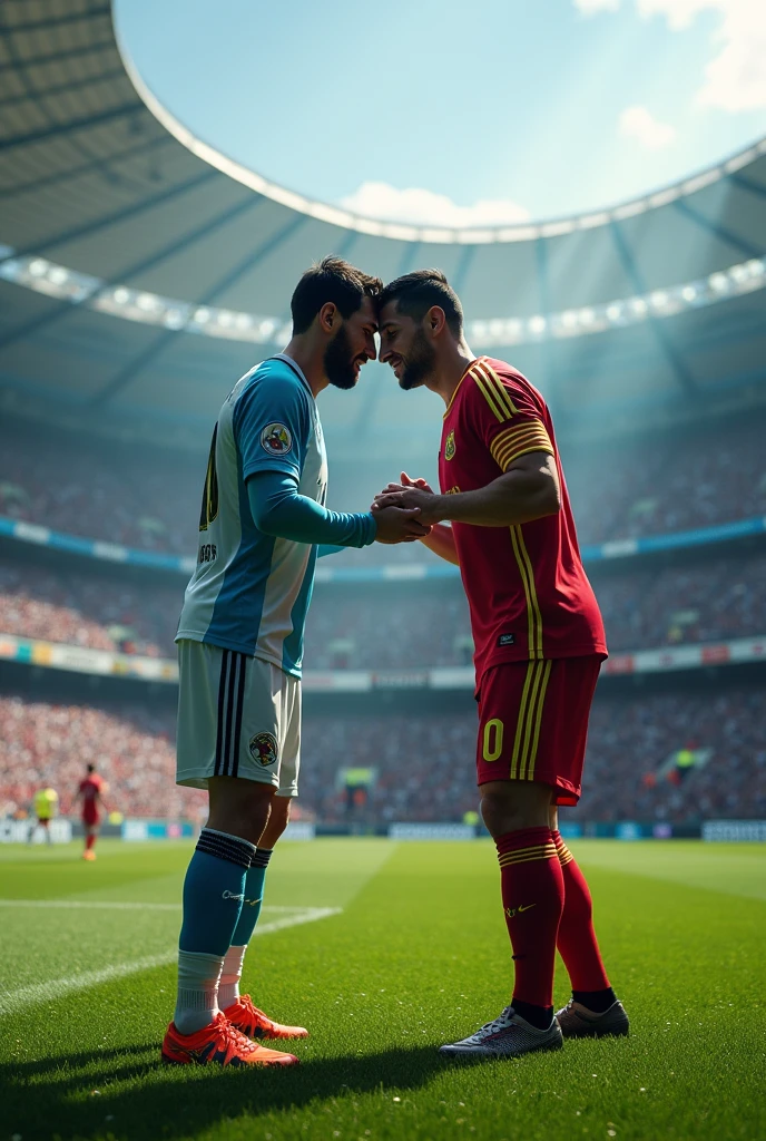 Messi makes a little tunnel to Cristiano Ronaldo in a super stadium full of people and everyone sees it and nobody can believe it 