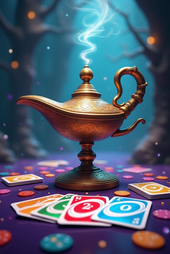 A genie lamp, a deck of playing cards, and Uno