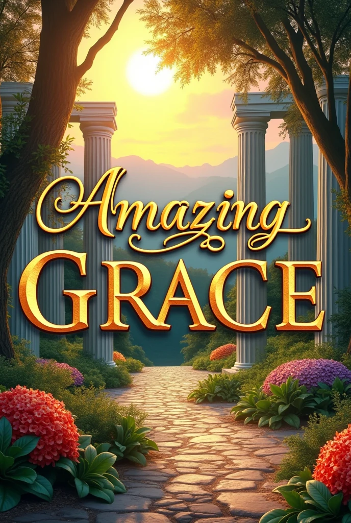 A very elegant logo that says Amazing Grace,with orange colors, rosa,negro,yellow and light blue,With gold and green,details to make it look majestic and cool,in the background ancient Greece in a majestic spring