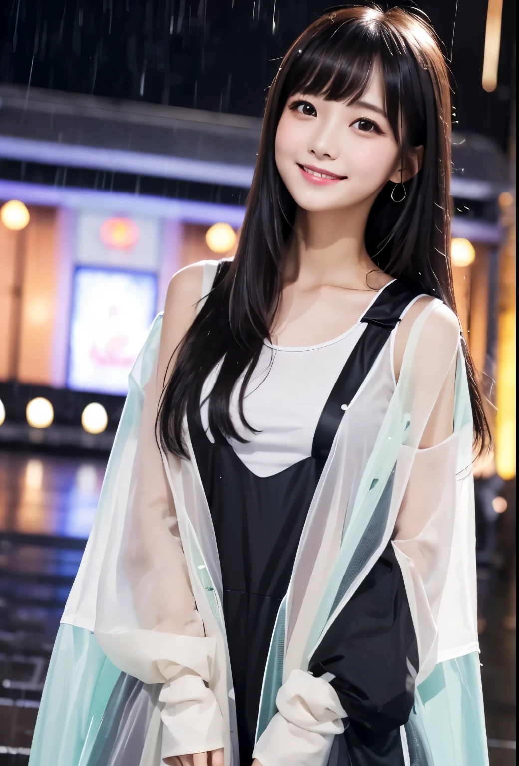 masterpiece、Highest quality、whole body、One Girl、bangs、Japanese、Long Black Hair、Long Hair、Gazing at the audience、Tank top、rain、rain coat、smile、alone、Stylish woman、Pastel colored outfits、front、Luxury background elements、Confident expression、Modern and trendy、Fashion focused