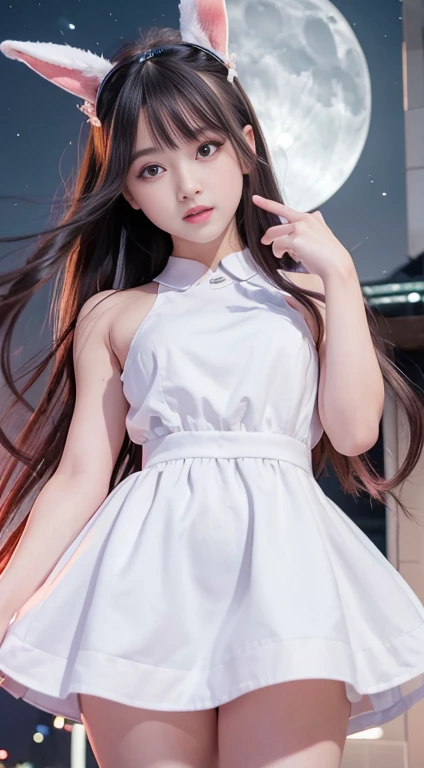 Bunny Princess、Night walk、Pose ULL BODYSHOT、Overall situation、Dynamic Angle、兔耳朵的girl、Top quality、high resolution、Realistic illustration、Photorealistic:1.5、How to balance１Keep your thumbs up、４finger、 美丽的girl、girl、Black long hair、Japanese、一个girl、solo、Perfect body lines、((Night view、moonlight))、Natural soft lighting、Detailed eyes and lips、Detailed iris、Realistically drawn skin、((Beautiful red eyes、Red contact lenses)、Round Face、baby face、Cute little、兔耳朵的girl)、White Dress、Smile at the camera