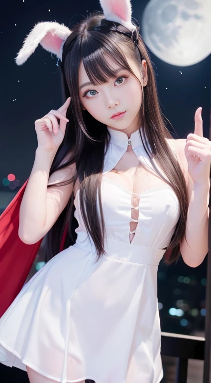 Bunny Princess、Night walk、Pose ULL BODYSHOT、Overall situation、Dynamic Angle、兔耳朵的girl、Top quality、high resolution、Realistic illustration、Photorealistic:1.5、How to balance1Keep your thumbs up、4finger、 美丽的girl、girl、Black long hair、Japanese、一个girl、solo、Perfect body lines、((Night view、moonlight))、Natural soft lighting、Detailed eyes and lips、Detailed iris、Realistically drawn skin、((Beautiful red eyes、Red contact lenses)、Round Face、baby face、Cute little、兔耳朵的girl)、White Dress、Smile at the camera