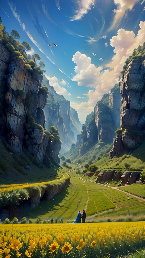 Green field, in the center a wooden cross, blue sky with two angels one on each side playing a golden trumpet
