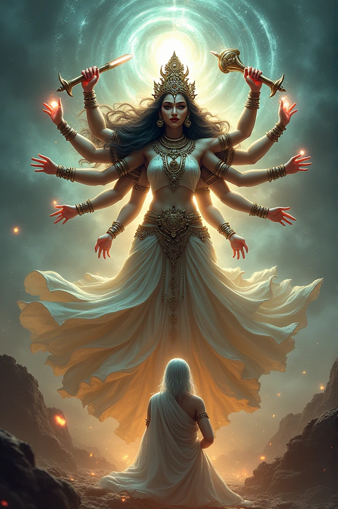 Goddess Durga kill an old lady wearing white saree 