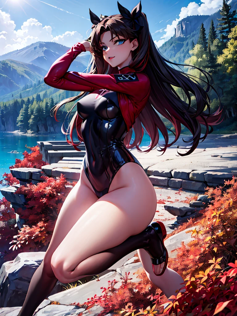 Rin Tohsaka, High definition, super resolution, well-defined and detailed artwork down to the smallest details, 4K, full hd, She is smiling, beautiful, well-defined blue eyes, high qualiy, make-up, aretes, Some accessories, bright red lipstick, looking the viewer, Full-body image, flegs , hands, well-defined and detailed arms and feet
