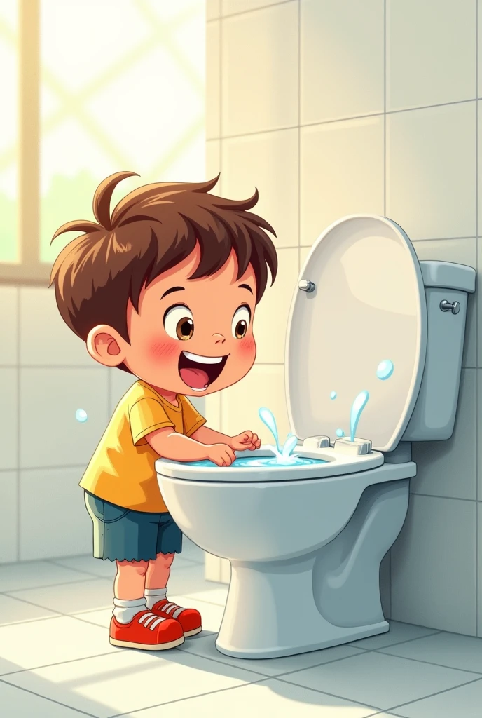 A drawing of a child flushing the toilet 