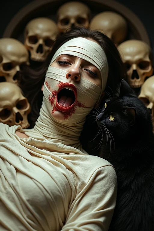((best qualityer)), ((Renaissance)), ((work of art)), (detailded), A woman completely bandaged, with only her striking eyes and mouth visible., mouth open with flies coming out, lying on a pile of skulls with a black cat next to the woman, melancholy, camera from above.