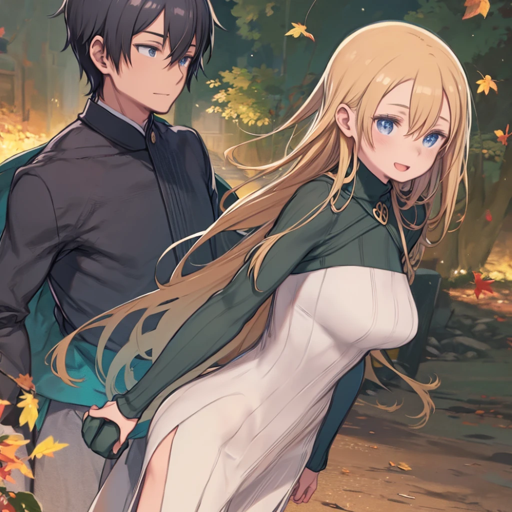 One woman with mature long blonde hair, large breasts, wearing a green turtleneck sweater.、One black-haired male,Fresh face,I am happy to walk with you.、Two people walking hand-in-hand on a dirt road、See each other、smile、Open your mouth a little、Autumn scenery、fantasy country town、Upper Body、Unpaved road、