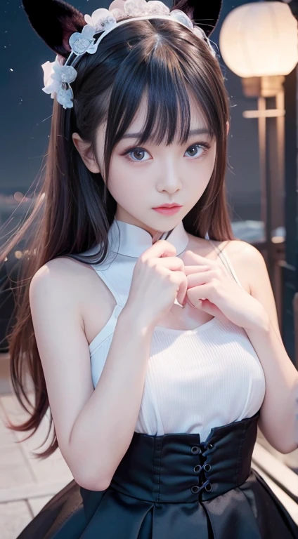 Bunny Princess、Night walk、Pose ULL BODYSHOT、Overall situation、Dynamic Angle、兔耳朵的girl、Top quality、high resolution、Realistic illustration、Photorealistic:1.5、How to balance１Keep your thumbs up、４finger、 美丽的girl、girl、Black long hair、Japanese、一个girl、solo、Perfect body lines、((Night view、moonlight))、Natural soft lighting、Detailed eyes and lips、Detailed iris、Realistically drawn skin、((Beautiful red eyes、Red contact lenses)、Round Face、baby face、Cute little、兔耳朵的girl)、White Dress、Smile at the camera