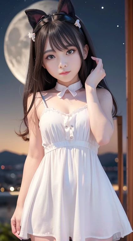 Bunny Princess、Night walk、Pose ULL BODYSHOT、Overall situation、Dynamic Angle、兔耳朵的girl、Top quality、high resolution、Realistic illustration、Photorealistic:1.5、How to balance１Keep your thumbs up、４finger、 美丽的girl、girl、Black long hair、Japanese、一个girl、solo、Perfect body lines、((Night view、moonlight))、Natural soft lighting、Detailed eyes and lips、Detailed iris、Realistically drawn skin、((Beautiful red eyes、Red contact lenses)、Round Face、baby face、Cute little、兔耳朵的girl)、White Dress、Smile at the camera