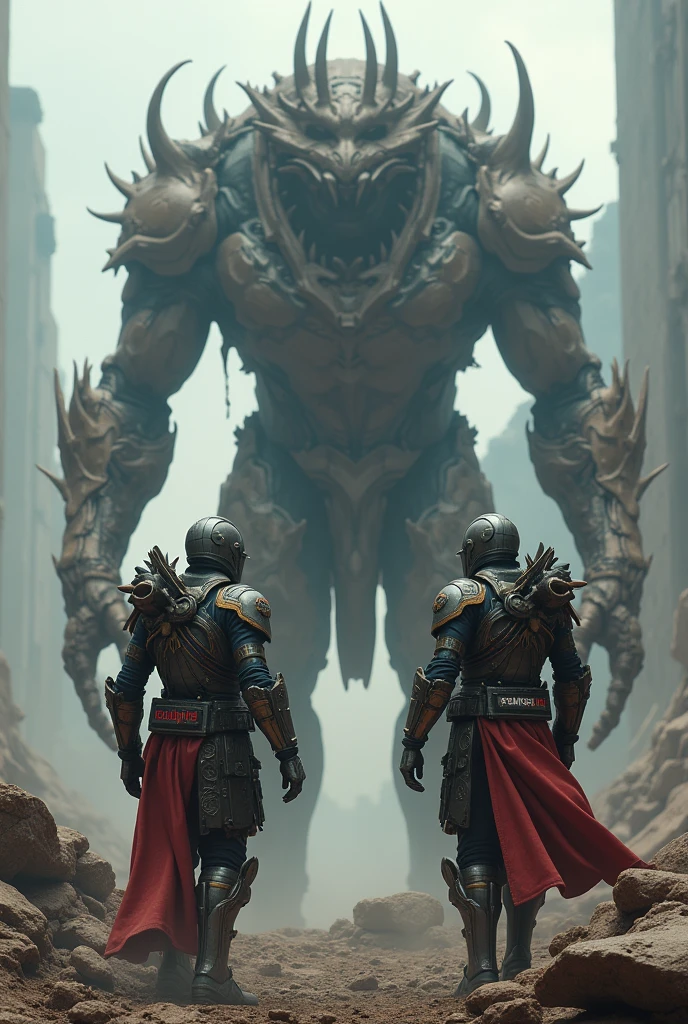 Two futuristic medieval soldiers, In an apocalyptic world, with the name cousinplay written on their armor, struggling with a monster
