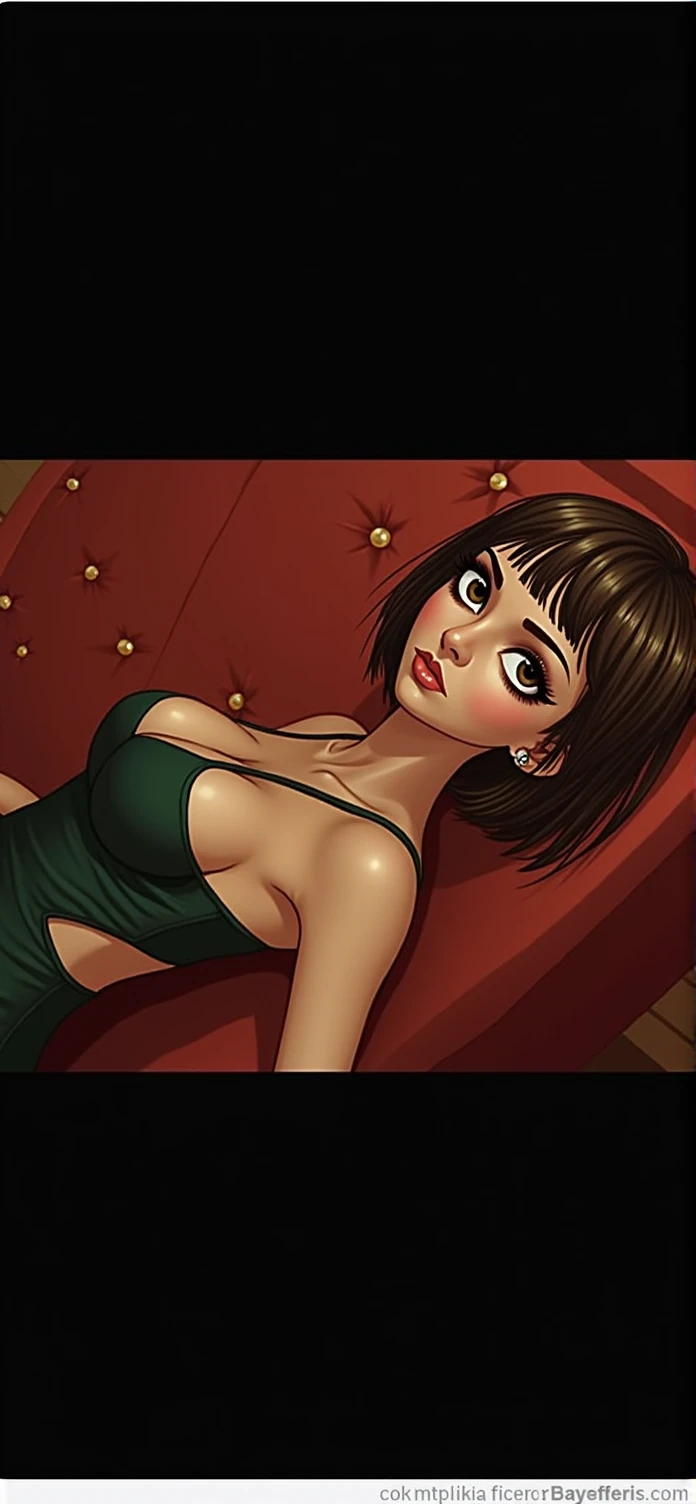 Chestnut woman + big, intense brown almond-shaped eyes + short straight hair + Fitted green dress + Brazilian