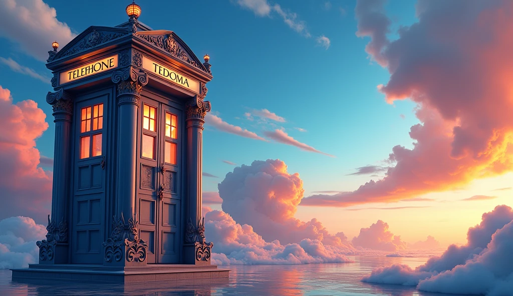 Image generated of a telephone booth with a sky background, Promotional Art BBC, by Wayne England, Fantastical telephone booth, fancy, 3840x2160, 3840 x 2160, por Derek Hill, Dr. Quem, por Jason Benjamin, Direction: Steve Prescott, Written on top of the booth TEDOMA