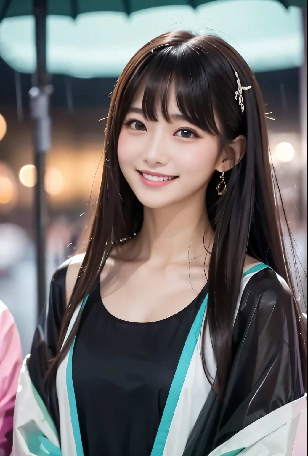 masterpiece、Highest quality、whole body、One Girl、bangs、Japanese、Long Black Hair、Long Hair、Gazing at the audience、Tank top、rain、rain coat、smile、alone、Stylish woman、Pastel colored outfits、front、Luxury background elements、Confident expression、Modern and trendy、Fashion focused
