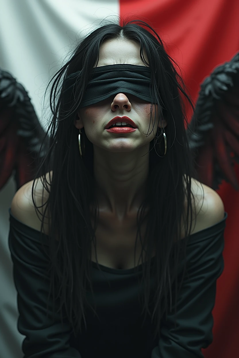 a suffering angel with blindfolded, detailed gloomy angel, in the background Polish colors white-red, photorealistic, gruselig, düster, gothic style