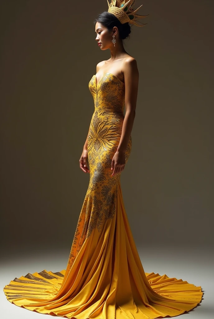 make a miss universe evening gown inspired  as a singkil princess of maranao. make it modern in asymetrical cut serpent with trail. color must be gold accented by sarimanok color.  make it elegamt and classy