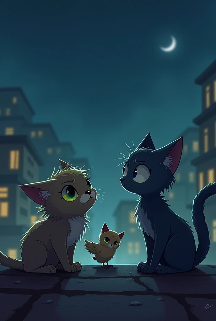 A small, distressed coruja (owl) approaching gata preta de olhs verdes vibrantes Luna and Olívia uma cojula de olhos azus on the rooftop, asking for help. The scene captures the urgency and concern, with Luna and Olívia listening intently, while the little owl flutters its wings nervously. The night is calm, but the tension is palpable."