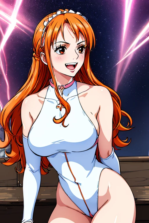 (((masterpiece))), (((Highest quality))), ((Very detailed)), (Highly detailed CG illustrations), we, (Browsing Caution:1.2), (masterpiece:1.5), Detailed Photos, smile, sexy, (Highest quality: 1.4), (One person), beautiful Face, (Orange Hair, Long Hair: 1.3), beautiful Hairstyle, beautifulディテールの目, (Realistic Skin), beautiful肌, Absurd, Charm, 超High resolution, High resolution, (Sexually excited:1.5), Pinkish white skin, Cool white light, sexyなポーズ, beautiful , White Background, Pink soft white light, Cross-body bodysuit,Large Breasts, Marshmallow-like breasts,whole body,Thighs