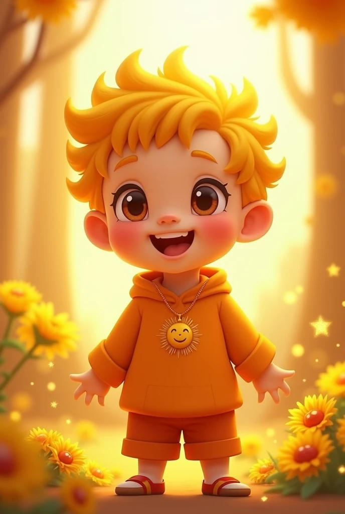 Sunshine Boy, skin fair, yellow short hair, eyes browns, orange clothes, sun necklace, cute smile