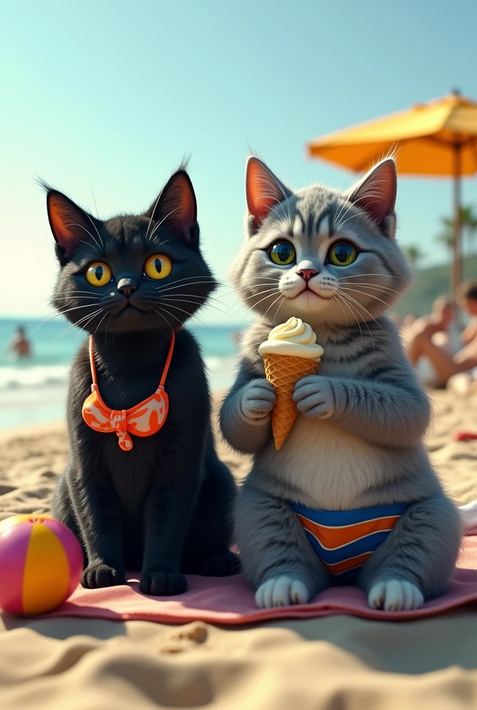 A photo-realistic, candid shot taken with an amateur camera, showing an anthropomorphic black cat and grey cat with furry bodies, casually relaxing at the beach. The black cat, with sleek but slightly tousled fur, is wearing a bikini with a simple, bright pattern, while the grey cat, with thick, somewhat matted fur, is in swim trunks with a striped design. They are seated on a beach towel, with the black cat holding a beach ball and the grey cat enjoying an ice cream cone. The beach is visible in the background, with the ocean and some people in the distance. The image has a natural, unrefined quality, with the lighting slightly uneven and a bit of lens flare, typical of a quick shot taken by an amateur.