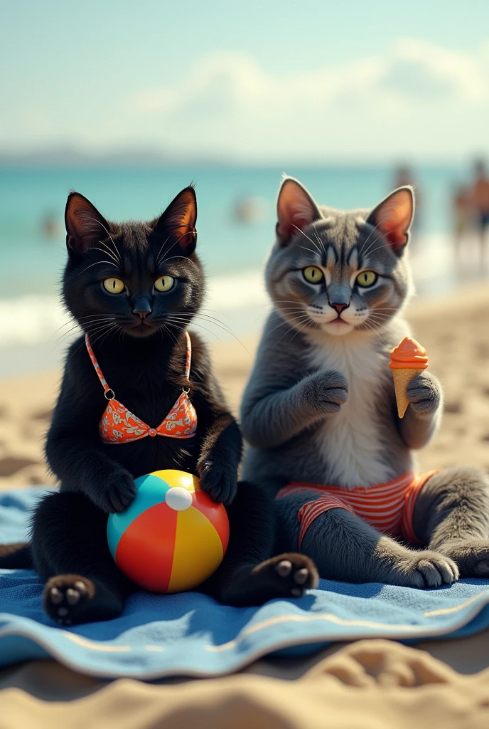 A photo-realistic, candid shot taken with an amateur camera, showing an anthropomorphic black cat and grey cat with furry bodies, casually relaxing at the beach. The black cat, with sleek but slightly tousled fur, is wearing a bikini with a simple, bright pattern, while the grey cat, with thick, somewhat matted fur, is in swim trunks with a striped design. They are seated on a beach towel, with the black cat holding a beach ball and the grey cat enjoying an ice cream cone. The beach is visible in the background, with the ocean and some people in the distance. The image has a natural, unrefined quality, with the lighting slightly uneven and a bit of lens flare, typical of a quick shot taken by an amateur.