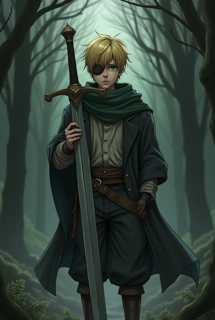 Young blond adult with short hair raised, with worn-out clothes of a nobleman, with a depressed face, com um grande claymore, green eyes with an eye patch, anime styling
