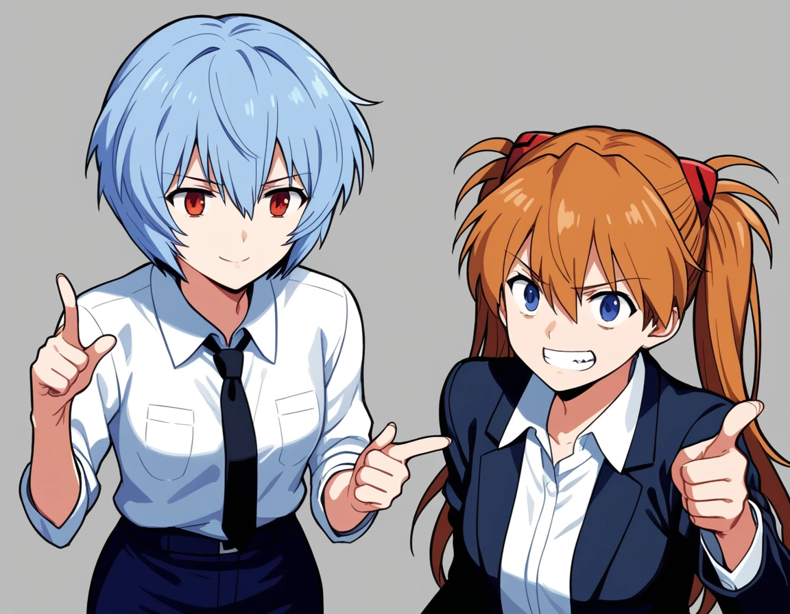 score_9, score_8, score_7, source_anime,
rating_safe,
2girls, office lady, formal, pant suit, small breasts, facing another, face-to-face, arguing, office
BREAK
souryuu asuka langley, shouting, pointing
BREAK
ayanami rei, smirk, expressionless, sleepy, messy hair