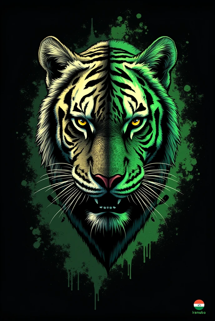 Make me a black and green shirt with a design of a tiger, half with meat and the other half without, just the bone, with an Iranduba symbol.