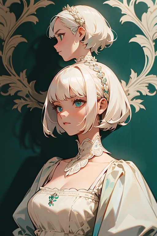 Adult woman with short white hair mulllet down the nape of her neck, a turquoise eye, serious and queen decorations in her hair, wearing an elegant dress with 18th century cream-colored neckline and lace.