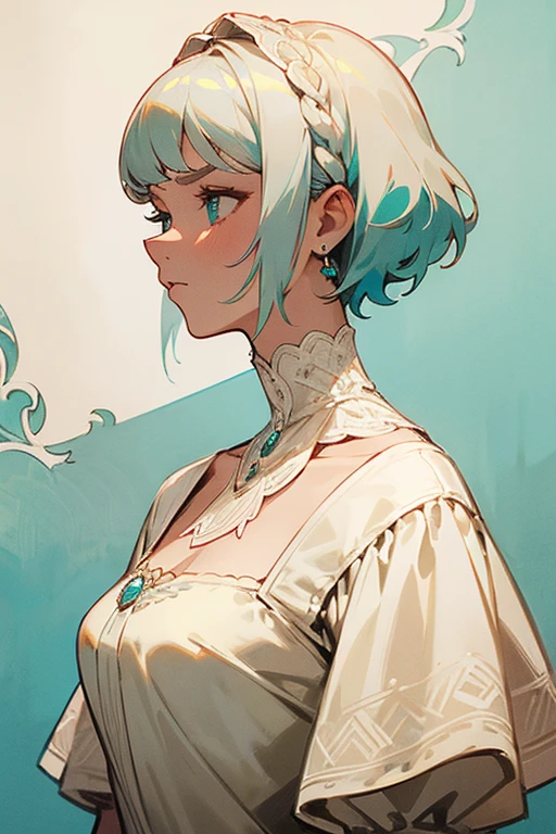 Adult woman with short white hair mulllet down the nape of her neck, a turquoise eye, serious and queen decorations in her hair, wearing an elegant dress with 18th century cream-colored neckline and lace.