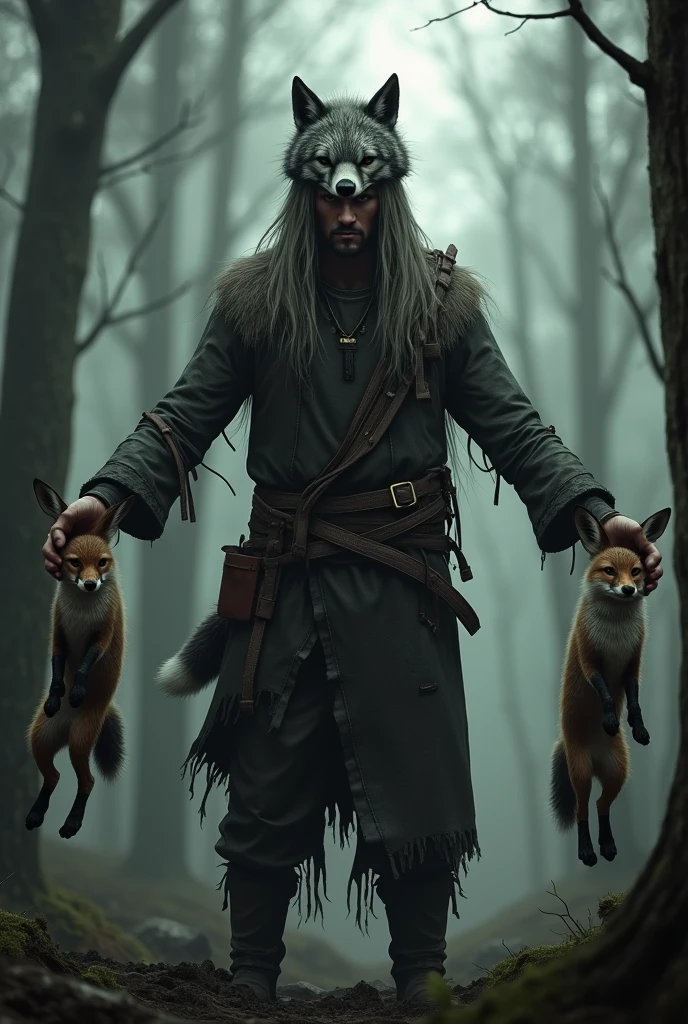 DayZ video game style, The character has long, ash-colored hair that reaches over his shoulders and wears torn, old clothes., He's serious and wears a hat made of a wolf's head on his head that doesn't cover his face but sits on his hair, He is holding a fox in one of his hands and a rabbit in the other. Both are no longer alive., has his arms stretched out to the sides, He's in a forest.