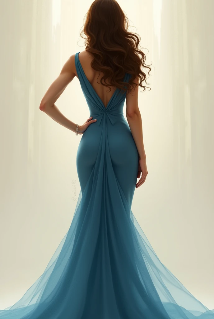 A slender woman with one hand on her hip, wearing a blue dress. , from behind and with long, slightly wavy brown hair without showing her face