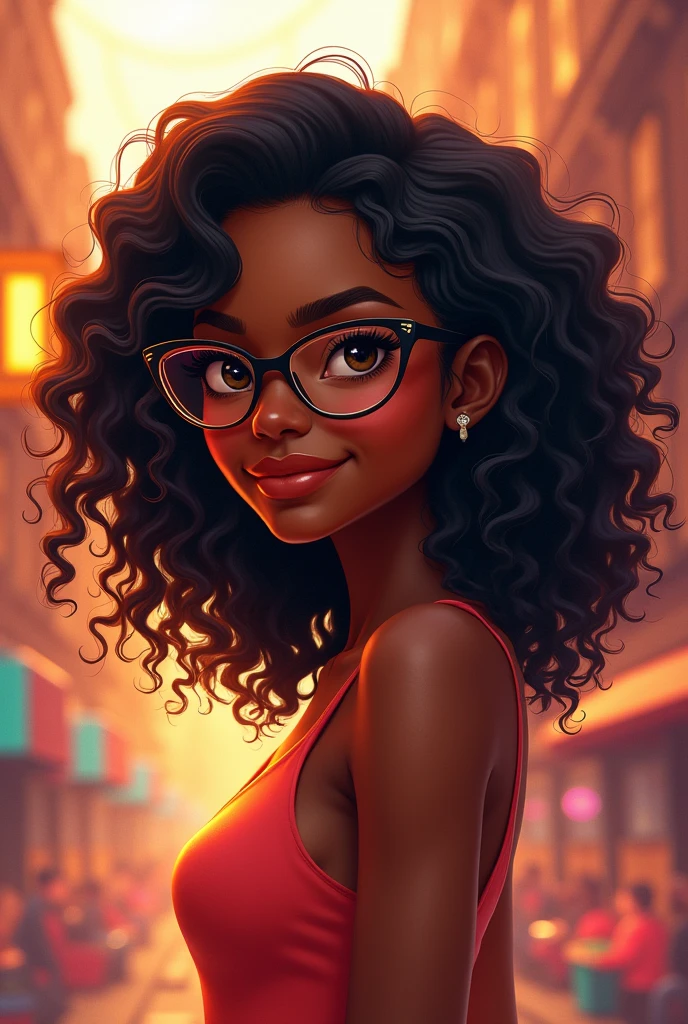Disney Pixar cover girl with dark skin, curly hair, glasses, darker skin, and much longer, curly, wavy hair