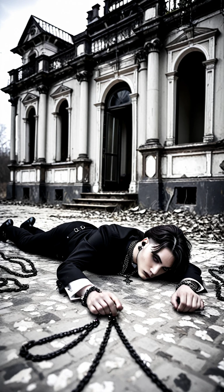 Gothic normal haired young men with aesthetic chain jewellery is laying on the floor outside in a abandoned mansion with black and white background