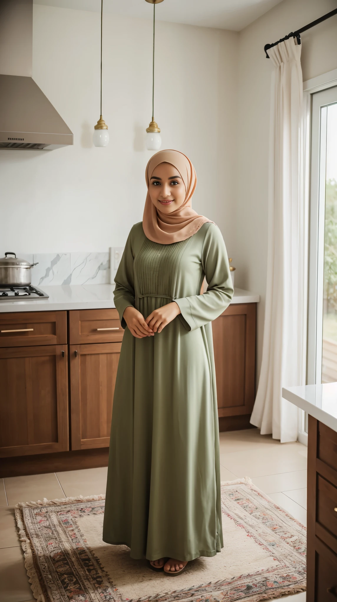 A cute young muslim housewife in maxi dress and hijab, standing in kitchen, looking to camera, photography,cozy atmosphere, morning scene,tranquil surroundings,serene expression,feminine gesture, peaceful environment,pleasant weather,blissful ambiance,textured fabrics,exquisite detailing,loose hijab,cute clothing style,serene expression,joyful atmosphere,sunny day,bright and cheerful,face to viewer,body facing to viewer,full body portrait,tall background