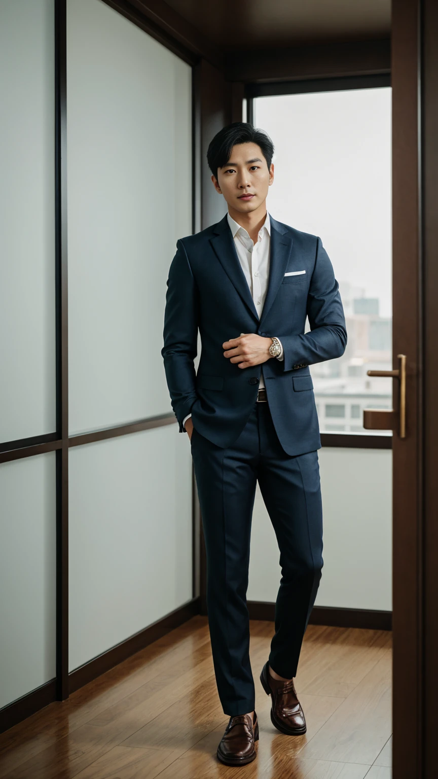 A handsome masculine korean woman in suit and loafers, standing in office, looking to camera, photography,cozy atmosphere, morning scene,tranquil surroundings,fierce expression,masculine gesture, peaceful environment,pleasant weather,blissful ambiance,textured fabrics,exquisite detailing,professional atmosphere,sunny day,bright and cheerful,face to viewer,body facing to viewer,full body portrait,tall background