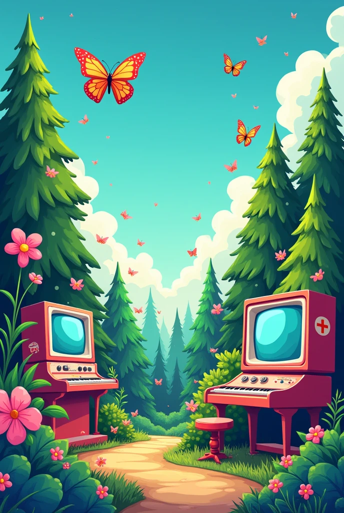I want a vector that reflects colorful games, instruments, butterflies green pines, a blue sky that reflects the name jade 