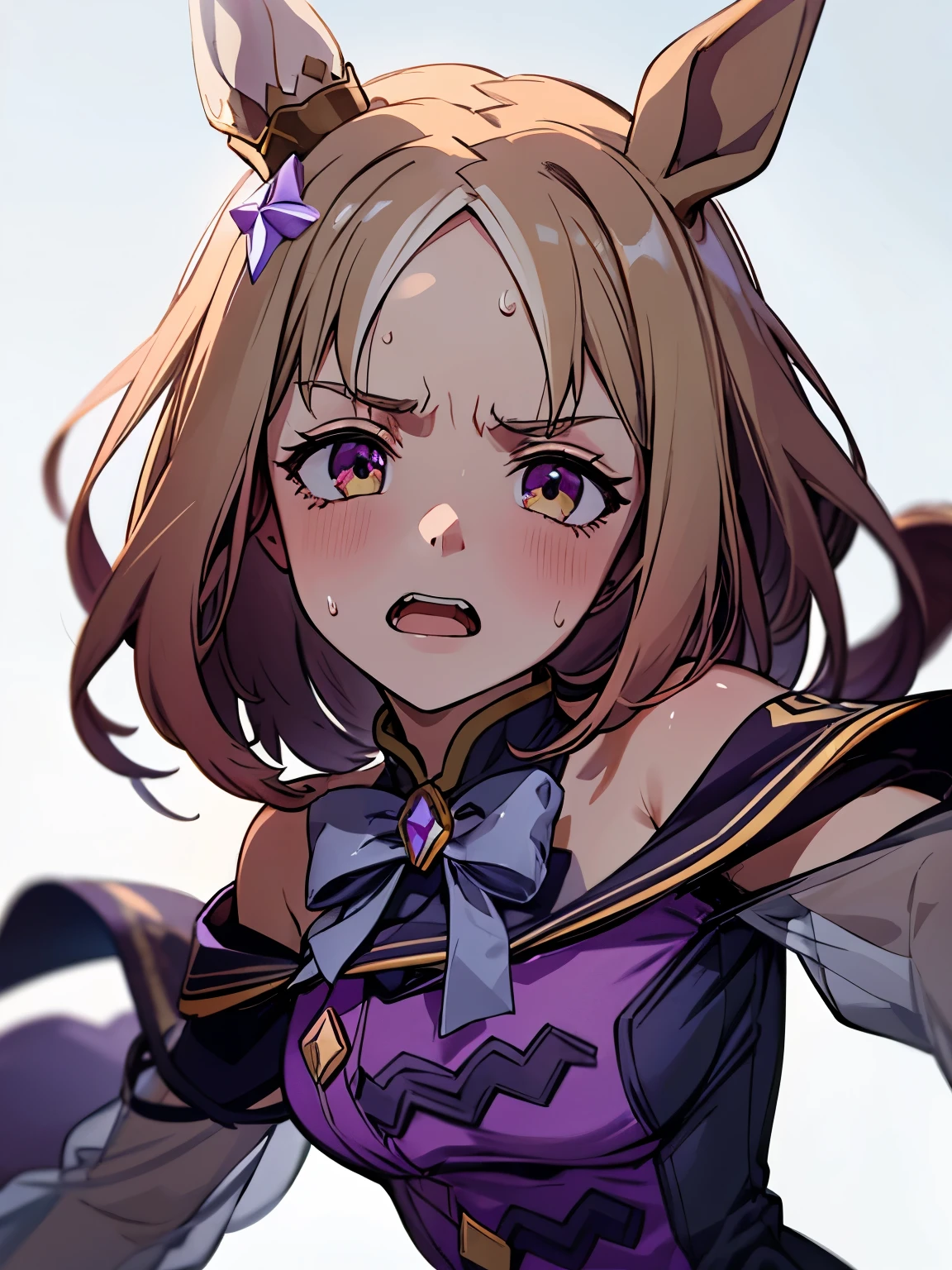 narita top road \(umamusume\), 1 girl, Solo, Best Quality, masterpiece, 8K, High resolution, Ultra-detailed, madeon, horse ears, disappointed, despair, heavy breathing, sweat:1.2, half opened mouth,