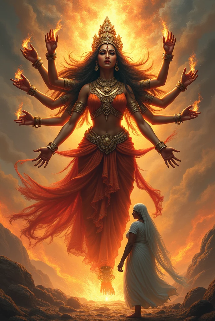 Goddess Durga gets angry with wrath fiery eye on an old lady wearing white saree