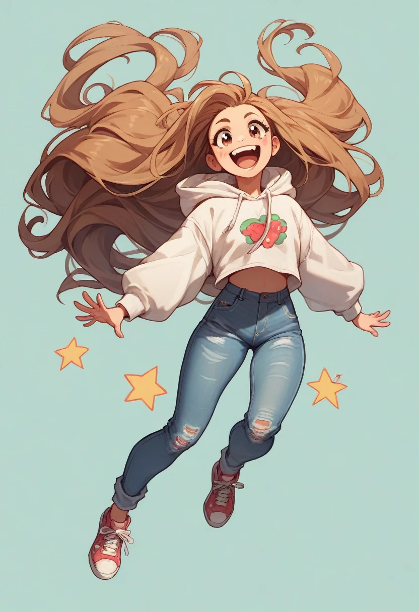 a thin long-legged girl with very long brown hair and mischievous hazel eyes, dressed in basic jeans, sneakers, and a white hoodie, looking joyful, cheerful, and friendly, a trustworthy best friend, full body shot, kind cheveux ondulés