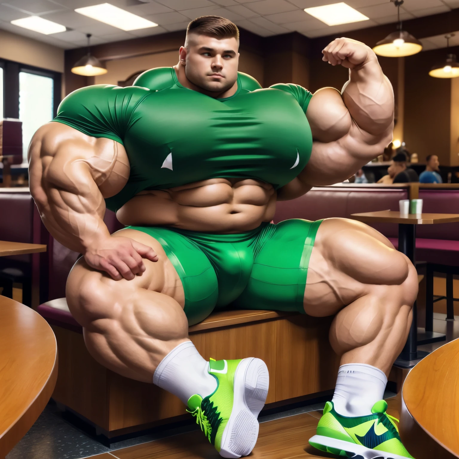 full view full body, A white bodybuilder male with undercut light-brown haircut, eating protein powder in bowl, is wearing a tight lycra dark-green shirt and dark-green lycra shorts, green lycra socks and white Nike air max trainers, flexing his over-Muscular arms showing off over-bloated triple biceps bigger than his head .he has enormous muscles and over-bloated pecs, over-inflated shoulders and back, sitting at a table in popular restaurant, socks and shoes must be seen