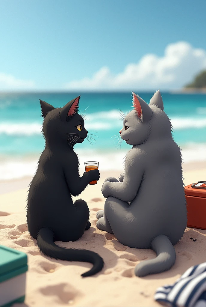 A photo-realistic image taken with an amateur camera, showing two anthropomorphic cats with furry bodies relaxing at the beach. The female black cat, with sleek, slightly messy fur, is sitting on the sand with the male grey cat, who has thick, slightly disheveled fur. They are both unclothed, with their natural fur providing coverage, lounging comfortably as they enjoy the sun. The scene includes a few scattered items like a cooler and a beach bag nearby. The black cat is holding a drink, while the grey cat is reclining back, gazing at the ocean. The lighting is natural and slightly overexposed, typical of a candid shot from an amateur camera, giving the image a casual, unpolished feel.