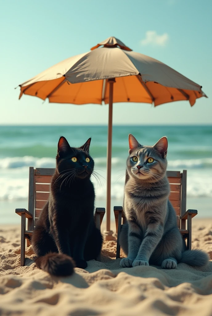 A photo-realistic scene captured with an amateur camera, featuring a female black cat and a male grey cat anthropomorphized with furry bodies, enjoying a day at the beach. Both cats are unclothed, their sleek and plush fur providing natural coverage. They are sitting on old beach chairs under a faded umbrella, with the ocean waves in the background. The image has a slightly blurred and uneven lighting typical of a snapshot from an amateur camera, enhancing the casual, relaxed atmosphere of the scene.
