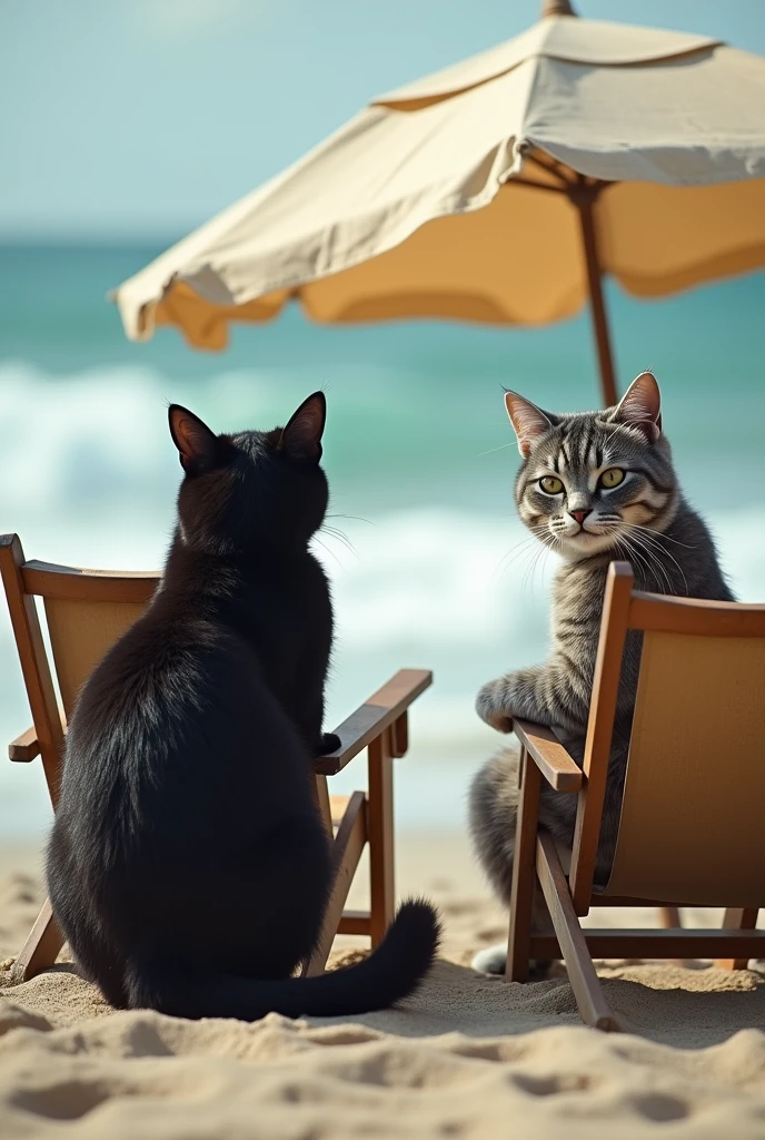 A photo-realistic scene captured with an amateur camera, featuring a female black cat and a male grey cat anthropomorphized with furry bodies, enjoying a day at the beach. Both cats are unclothed, their sleek and plush fur providing natural coverage. They are sitting on old beach chairs under a faded umbrella, with the ocean waves in the background. The image has a slightly blurred and uneven lighting typical of a snapshot from an amateur camera, enhancing the casual, relaxed atmosphere of the scene.