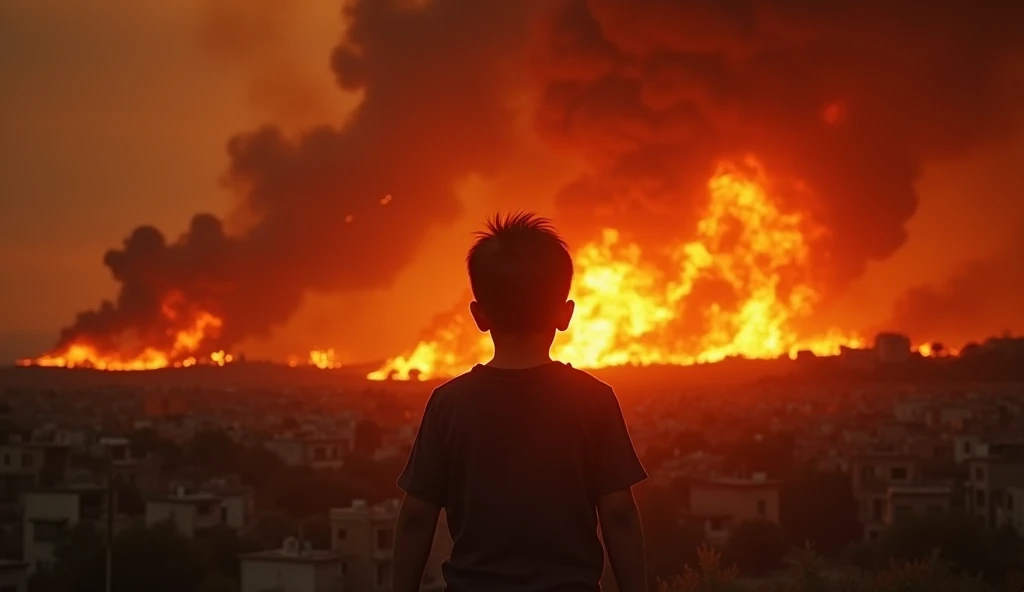 4k, UHD, Realistic, Design a powerful and emotional YouTube thumbnail showing a landscape in Palestine engulfed in flames, with dark smoke rising into the sky. In the foreground, include a silhouette of a person or child reaching out, emphasizing the human impact of the crisis. Use bold, urgent text like 'Palestine is Burning' in a striking red or white font, making it stand out against the fiery background. The overall mood should convey urgency, sorrow, and a call for attention.