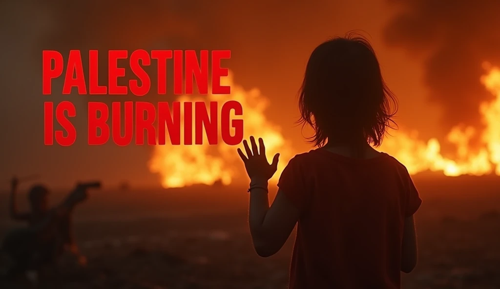 4k, UHD, Realistic, Design a powerful and emotional YouTube thumbnail showing a landscape in Palestine engulfed in flames, with dark smoke rising into the sky. In the foreground, include a silhouette of a person or reaching out, emphasizing the human impact of the crisis. Use bold, urgent text like 'Palestine is Burning' in a striking red or white font, making it stand out against the fiery background. The overall mood should convey urgency, sorrow, and a call for attention.