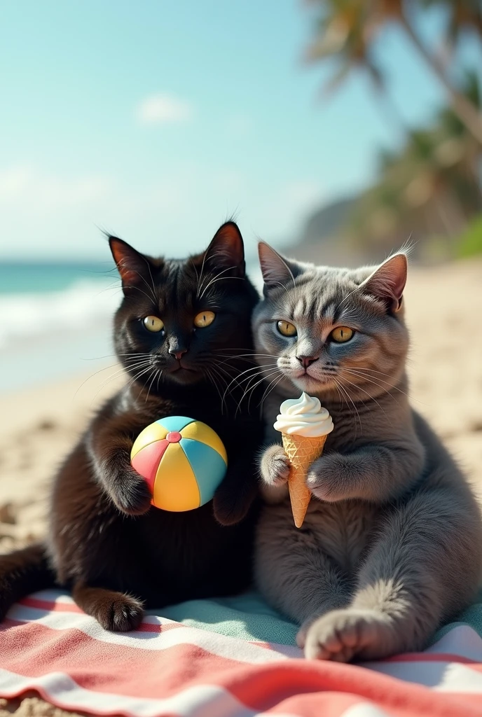 A photo-realistic, candid shot taken with an amateur camera, showing an anthropomorphic black cat and grey cat with furry bodies, relaxing at the beach. The black cat, with sleek, slightly tousled fur, and the grey cat, with thick, somewhat matted fur, are both unclothed, their fur serving as natural covering. They are seated on a beach towel, with the black cat playfully holding a beach ball while the grey cat enjoys an ice cream cone. The beach and ocean are visible in the background, with the image capturing a natural, unrefined quality, including slightly uneven lighting and a bit of lens flare, typical of an amateur photograph.