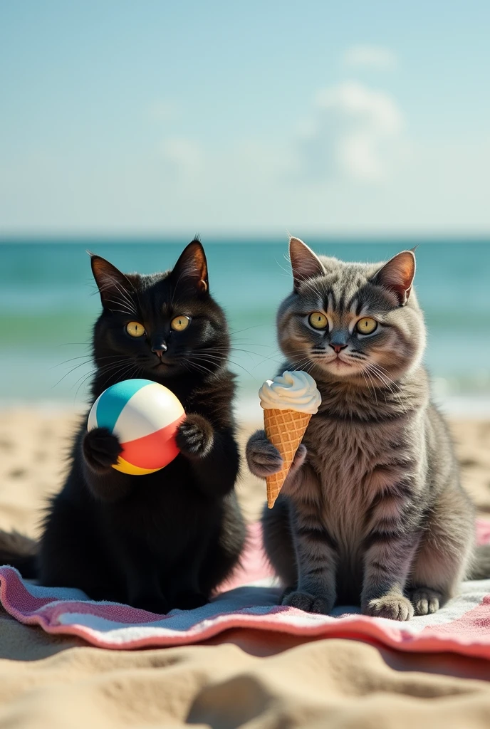 A photo-realistic, candid shot taken with an amateur camera, showing an anthropomorphic black cat and grey cat with furry bodies, relaxing at the beach. The black cat, with sleek, slightly tousled fur, and the grey cat, with thick, somewhat matted fur, are both unclothed, their fur serving as natural covering. They are seated on a beach towel, with the black cat playfully holding a beach ball while the grey cat enjoys an ice cream cone. The beach and ocean are visible in the background, with the image capturing a natural, unrefined quality, including slightly uneven lighting and a bit of lens flare, typical of an amateur photograph.