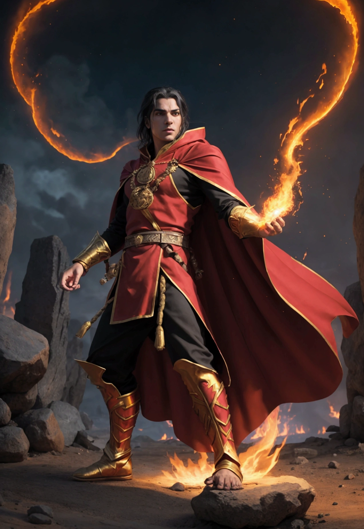 Fire mage, full body, predominantly red and gold colored clothing, tunic and cape, confident face, middle eastern ethnicity, fire powers that transforms into animals, combat stance, attacking by casting spells surrounded by magics snakes separated from his flames, enhanced with global illumination, highly detailed, intricate environment, epic RPG-style scene, composited and dramatic lighting effects, majestic magical city in the background, ultra sharp