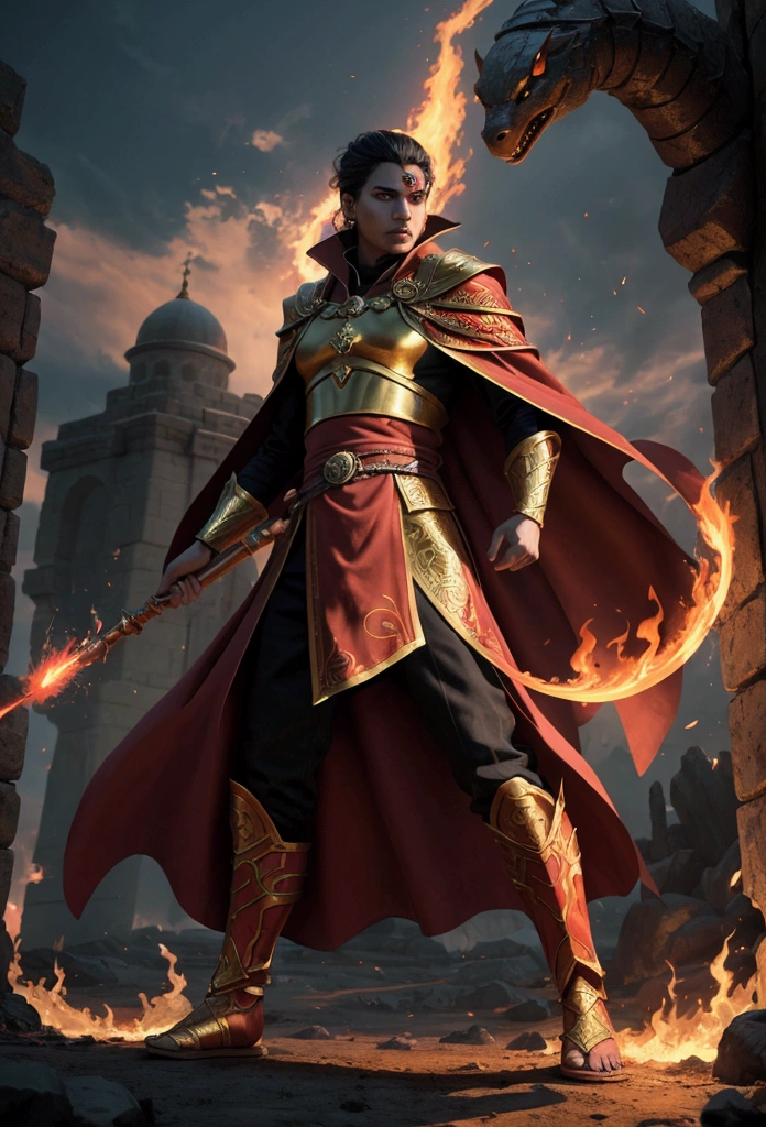 Fire mage, full body, predominantly red and gold colored clothing, tunic and cape, confident face, middle eastern ethnicity, fire powers that transforms into animals, combat stance, attacking by casting spells surrounded by magics snakes separated from his flames, enhanced with global illumination, highly detailed, intricate environment, epic RPG-style scene, composited and dramatic lighting effects, majestic magical city in the background, ultra sharp